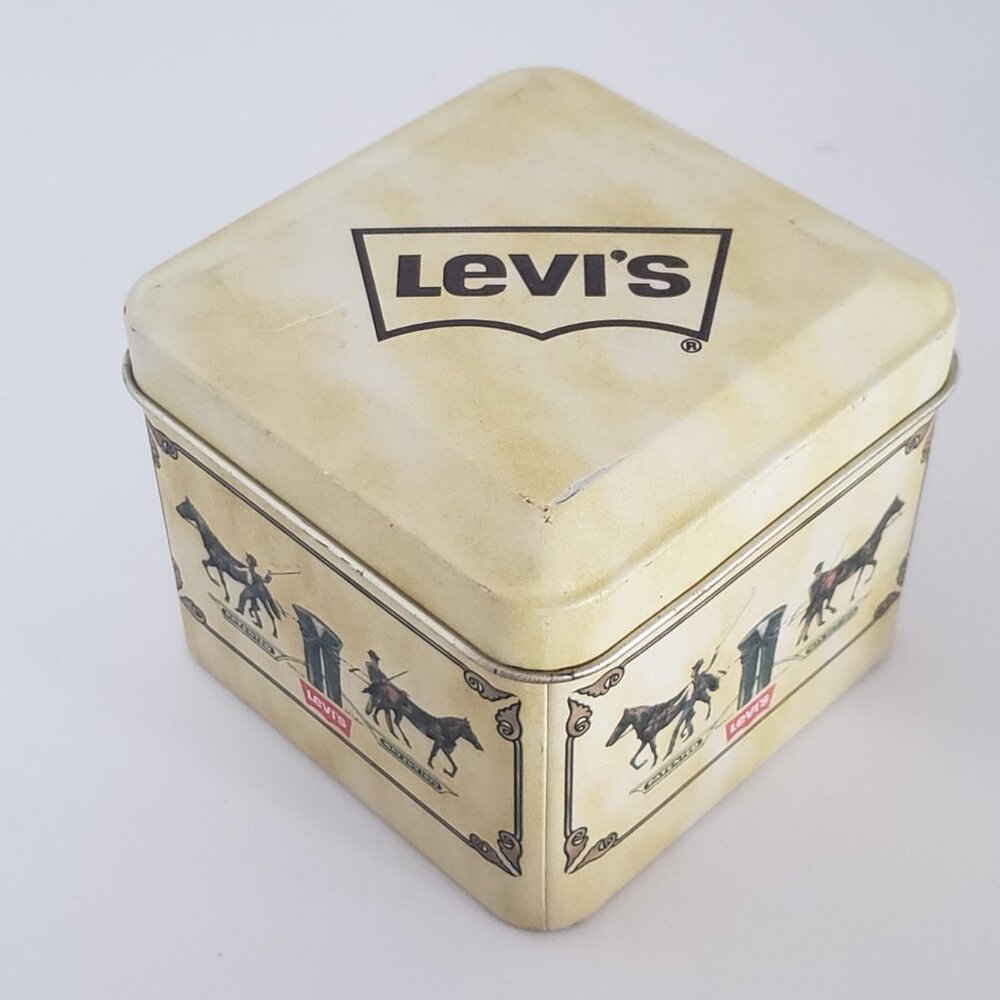 Levi's Square Tin Container 2 Horse Strauss Logo Vintage W/ Interior Packaging